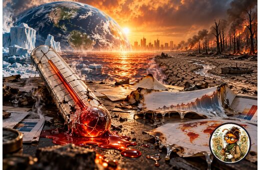 Caricatura hiperrealista cinematográfica del planeta sobrecalentado con termómetro quebrado, informes derretidos y Eco Longista como medallón de autor.