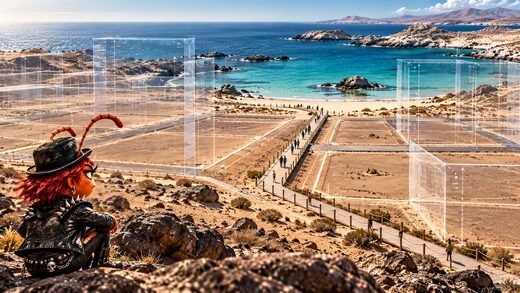 Filosa Punzante observa desde la costa un paseo público estrecho entre marcos transparentes de futuros proyectos en Bahía Inglesa.