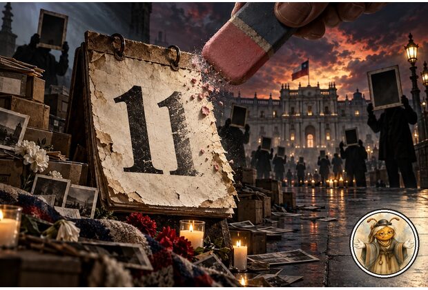 Caricatura hiperrealista cinematográfica del 11 de septiembre en Chile, con calendario, archivos, velas, La Moneda al fondo y Ancestral Ista como medallón de autor.