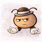 Personaje blanco y negro con bombín, mirada cautelosa y gesto de duda.