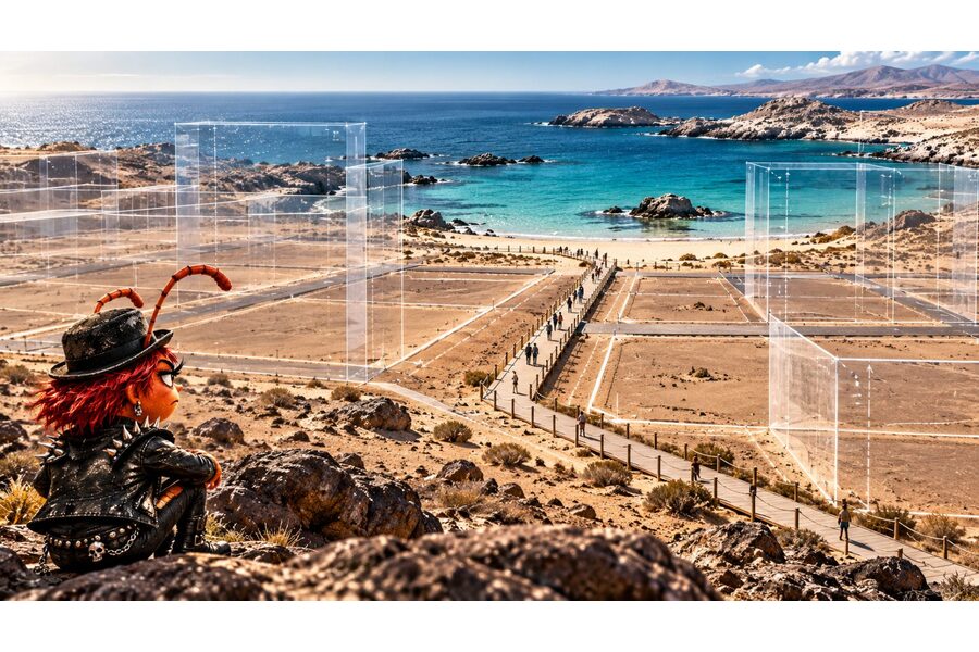 Filosa Punzante observa desde la costa un paseo público estrecho entre marcos transparentes de futuros proyectos en Bahía Inglesa.