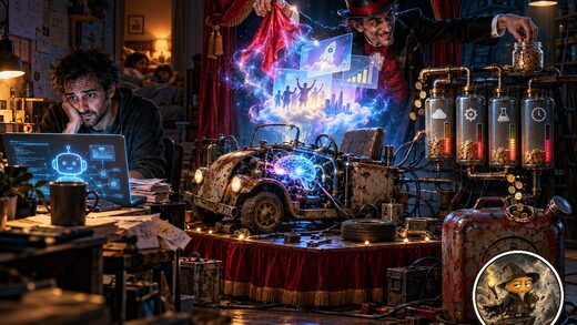 Caricatura hiperrealista cinematográfica de un emprendedor nocturno con IA, un auto sin bencina y un mago retirando monedas de los costos ocultos, con Merlín Dano como medallón de 