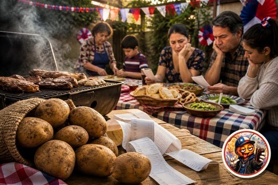 Papas, boletas y parrilla de Fiestas Patrias en una mesa familiar, con Huachaca Rete como sello de autor.