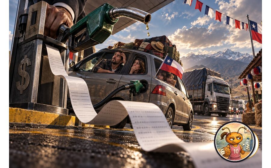 Caricatura hiperrealista cinematográfica de una familia cargando combustible antes de viajar por Fiestas Patrias, con Korre Camino como medallón de autor.