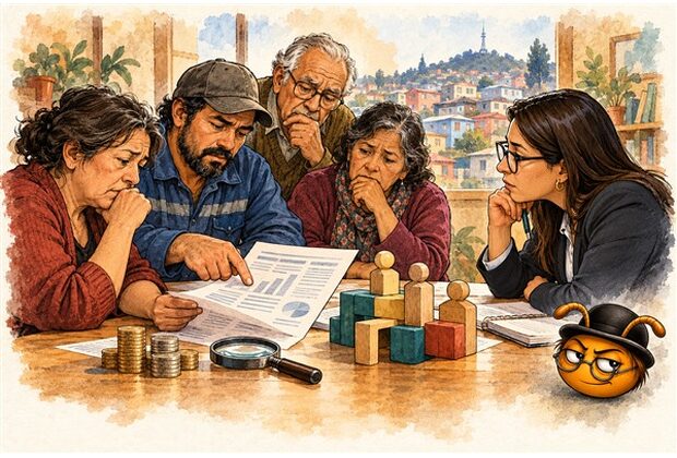 Ilustración editorial generada con IA: trabajadores revisan un estado previsional en una reunión simbólica; Socio Lego observa los roles y las responsabilidades.