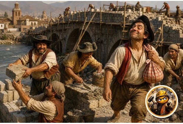 Obreros construyendo un puente colonial de piedra junto al Mapocho, con Jhoni Estuco como sello de autor en la esquina inferior.