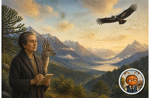 Gabriela Mistral observa un huemul sereno y un cóndor en vuelo sobre la cordillera chilena, con Profe Lucho como sello de autor.