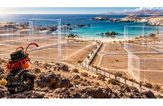 Filosa Punzante observa desde la costa un paseo público estrecho entre marcos transparentes de futuros proyectos en Bahía Inglesa.