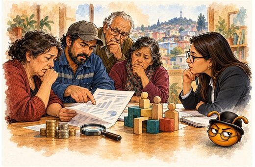Ilustración editorial generada con IA: trabajadores revisan un estado previsional en una reunión simbólica; Socio Lego observa los roles y las responsabilidades.