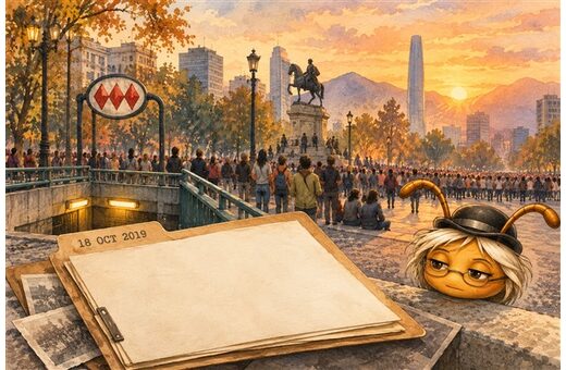 Ilustración editorial generada con IA: memoria de la revuelta chilena de octubre de 2019, con Ancestral Ista observando una carpeta y una multitud.