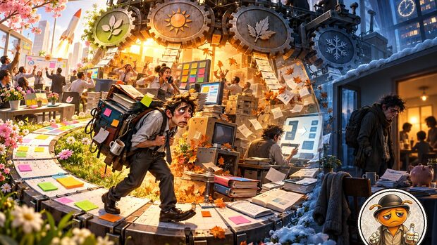 Caricatura hiperrealista cinematográfica de las estaciones del trabajo, con primavera de proyectos, verano de urgencias, otoño de cambios e invierno de agotamiento, y Depre Zion co