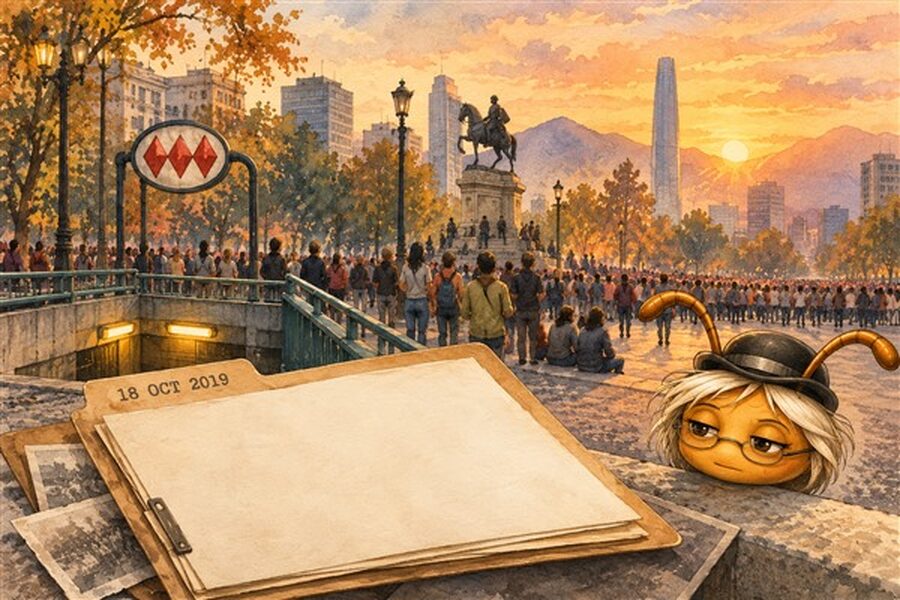 Ilustración editorial generada con IA: memoria de la revuelta chilena de octubre de 2019, con Ancestral Ista observando una carpeta y una multitud.