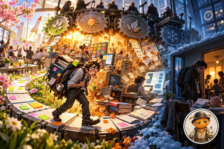 Caricatura hiperrealista cinematográfica de las estaciones del trabajo, con primavera de proyectos, verano de urgencias, otoño de cambios e invierno de agotamiento, y Depre Zion co