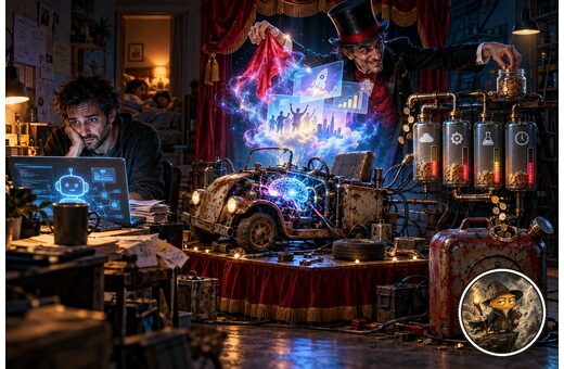Caricatura hiperrealista cinematográfica de un emprendedor nocturno con IA, un auto sin bencina y un mago retirando monedas de los costos ocultos, con Merlín Dano como medallón de 