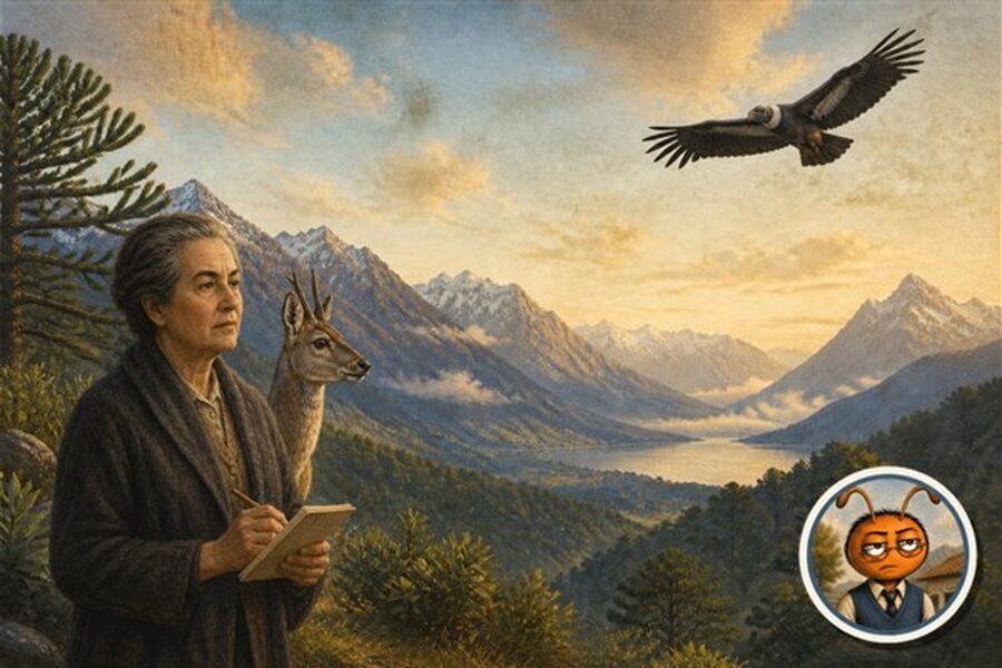 Gabriela Mistral observa un huemul sereno y un cóndor en vuelo sobre la cordillera chilena, con Profe Lucho como sello de autor.