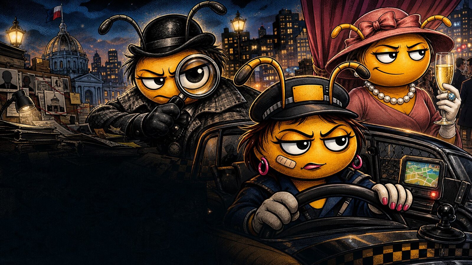 Taxy Candy, Sherloop Head y Koncerba Dura en banner noir satirico