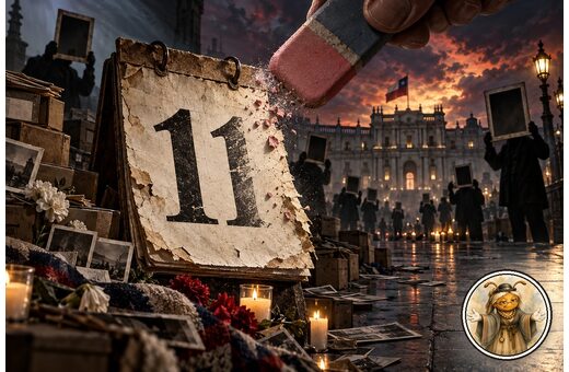 Caricatura hiperrealista cinematográfica del 11 de septiembre en Chile, con calendario, archivos, velas, La Moneda al fondo y Ancestral Ista como medallón de autor.