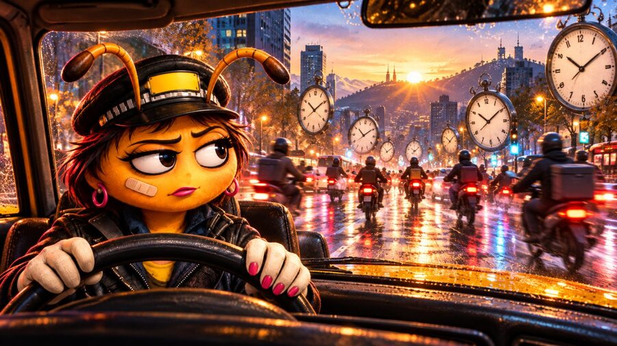 Taxy Candy mira desde su taxi una avenida imaginaria de Santiago con motocicletas anónimas y relojes flotantes al amanecer.