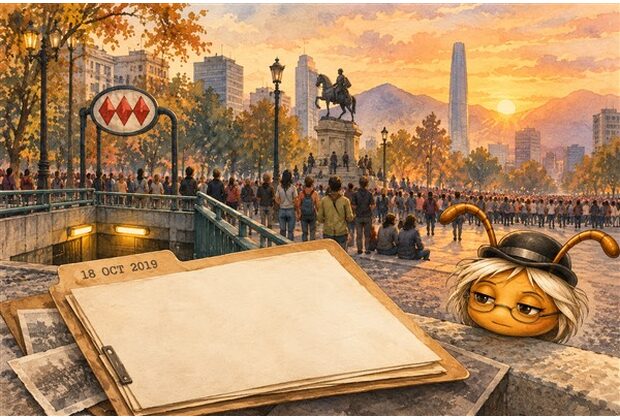 Ilustración editorial generada con IA: memoria de la revuelta chilena de octubre de 2019, con Ancestral Ista observando una carpeta y una multitud.