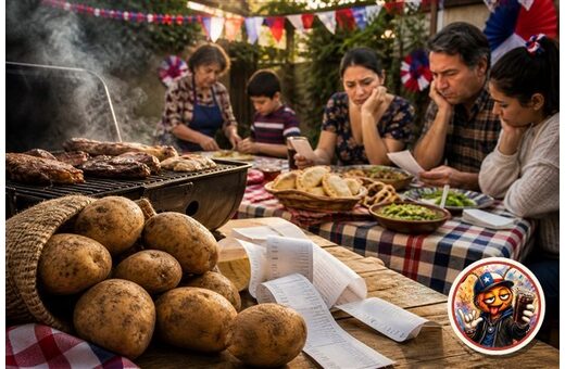 Papas, boletas y parrilla de Fiestas Patrias en una mesa familiar, con Huachaca Rete como sello de autor.