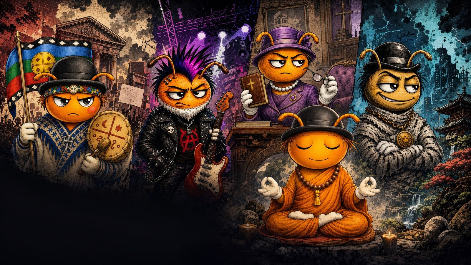 Puel Antu, Punk Ethos, Recon Servadora, Resusi Tao y Satori Zen en portada satirica