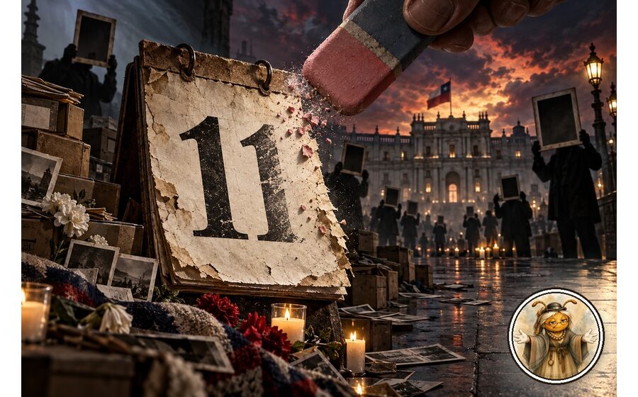 Caricatura hiperrealista cinematográfica del 11 de septiembre en Chile, con calendario, archivos, velas, La Moneda al fondo y Ancestral Ista como medallón de autor.
