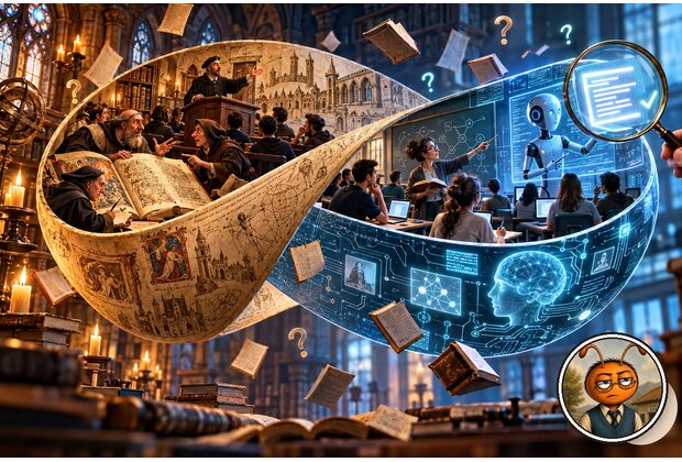 Caricatura hiperrealista cinematográfica de una cinta de Möbius que une aula medieval, educación moderna e inteligencia artificial, con Profe Lucho como medallón de autor.