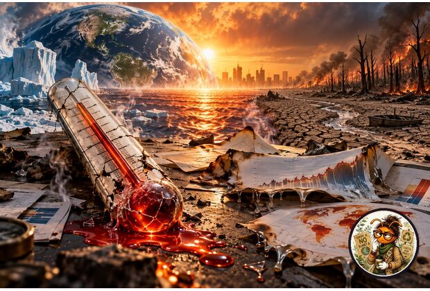 Caricatura hiperrealista cinematográfica del planeta sobrecalentado con termómetro quebrado, informes derretidos y Eco Longista como medallón de autor.