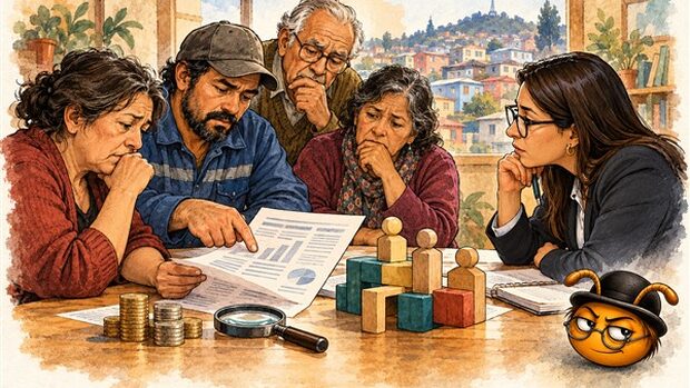 Ilustración editorial generada con IA: trabajadores revisan un estado previsional en una reunión simbólica; Socio Lego observa los roles y las responsabilidades.
