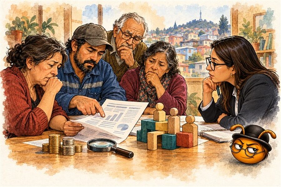 Ilustración editorial generada con IA: trabajadores revisan un estado previsional en una reunión simbólica; Socio Lego observa los roles y las responsabilidades.