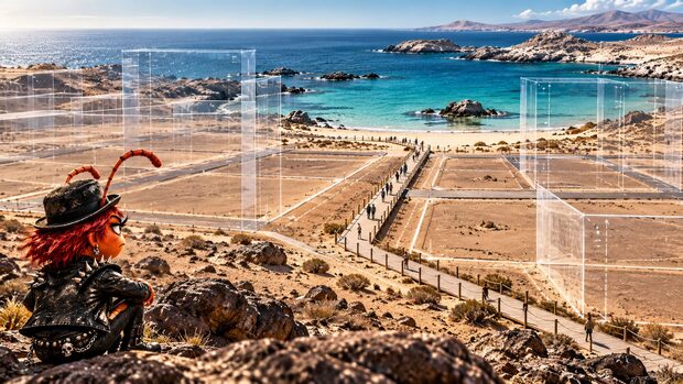 Filosa Punzante observa desde la costa un paseo público estrecho entre marcos transparentes de futuros proyectos en Bahía Inglesa.
