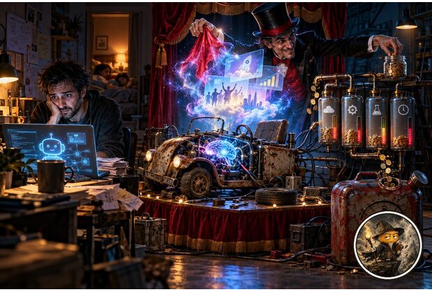 Caricatura hiperrealista cinematográfica de un emprendedor nocturno con IA, un auto sin bencina y un mago retirando monedas de los costos ocultos, con Merlín Dano como medallón de 