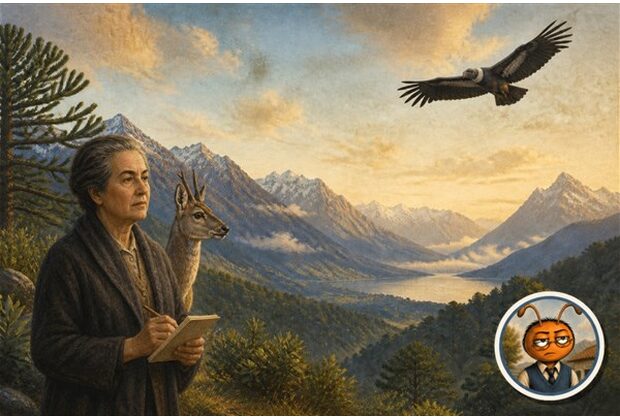 Gabriela Mistral observa un huemul sereno y un cóndor en vuelo sobre la cordillera chilena, con Profe Lucho como sello de autor.