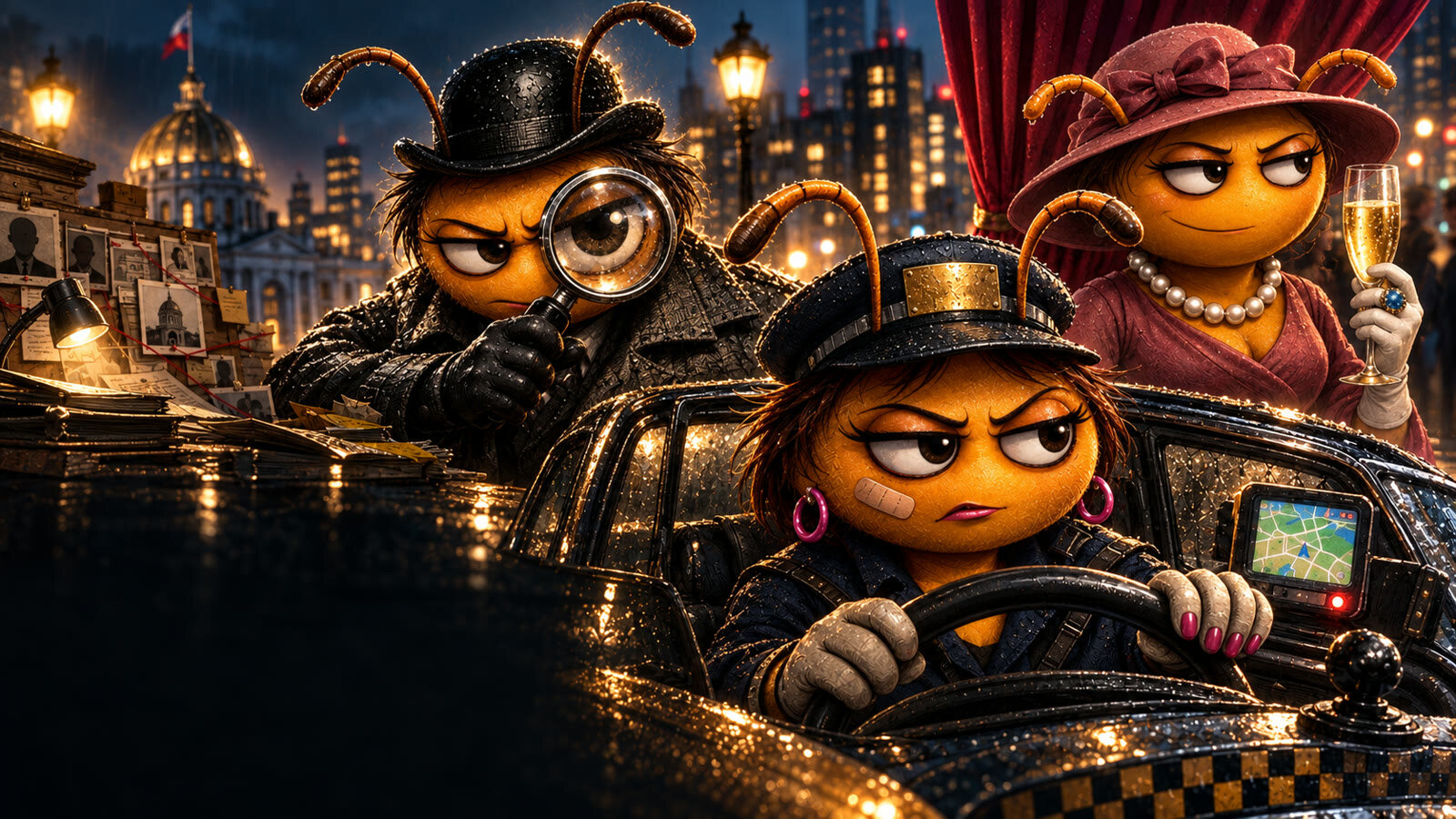 Taxy Candy, Sherloop Head y Koncerba Dura en banner noir satirico