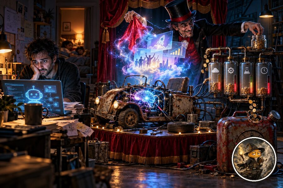 Caricatura hiperrealista cinematográfica de un emprendedor nocturno con IA, un auto sin bencina y un mago retirando monedas de los costos ocultos, con Merlín Dano como medallón de 