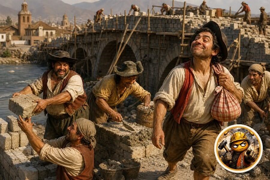 Obreros construyendo un puente colonial de piedra junto al Mapocho, con Jhoni Estuco como sello de autor en la esquina inferior.