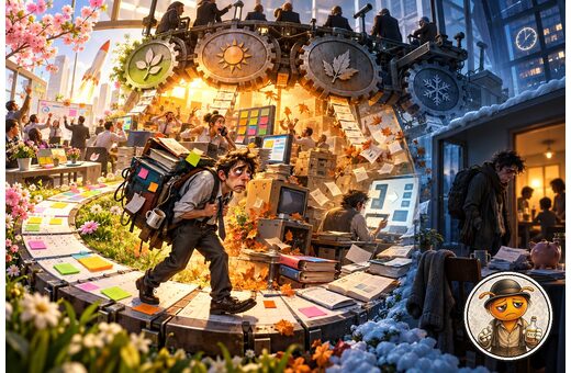 Caricatura hiperrealista cinematográfica de las estaciones del trabajo, con primavera de proyectos, verano de urgencias, otoño de cambios e invierno de agotamiento, y Depre Zion co