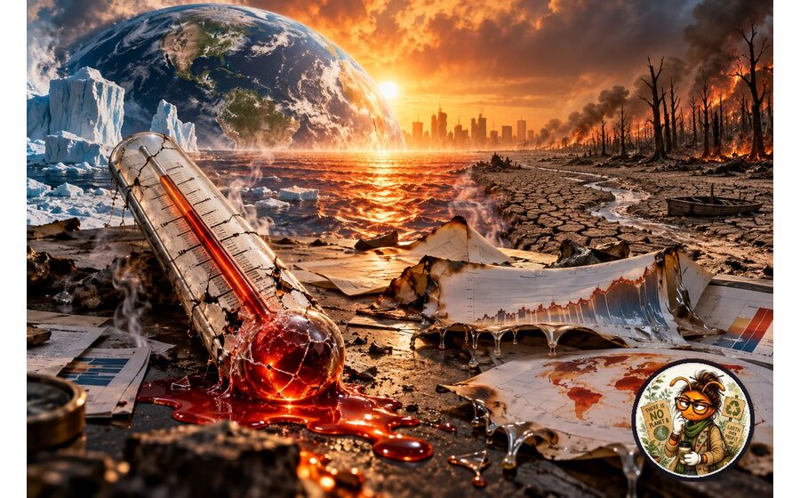 Caricatura hiperrealista cinematográfica del planeta sobrecalentado con termómetro quebrado, informes derretidos y Eco Longista como medallón de autor.