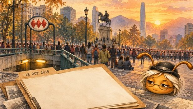 Ilustración editorial generada con IA: memoria de la revuelta chilena de octubre de 2019, con Ancestral Ista observando una carpeta y una multitud.